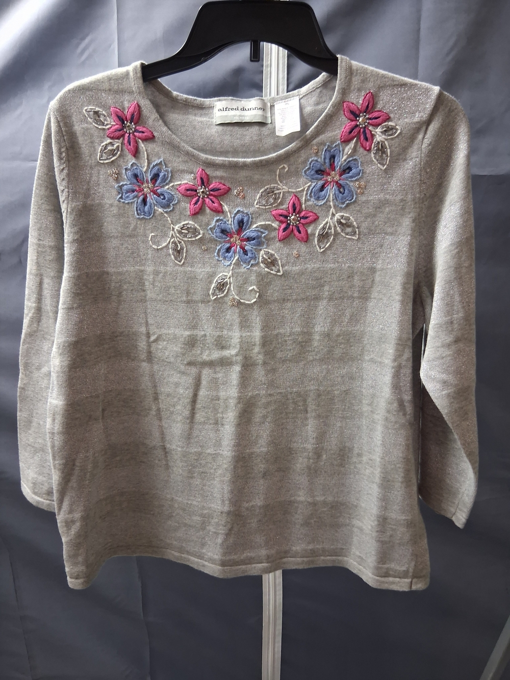 Alfred Dunner Grey Floral Embroidered Sweater Top